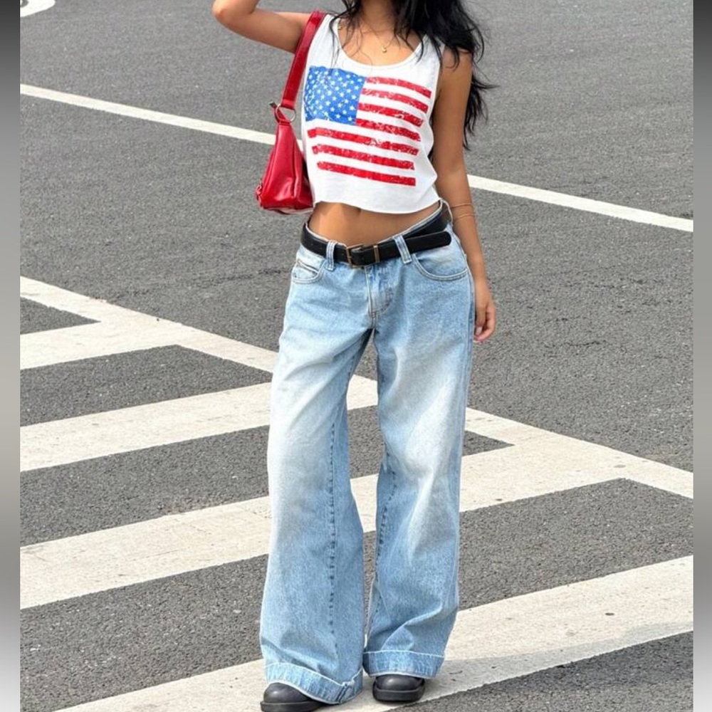 American Flag White Tank Top Crop Raw Hem Stripes Stars United States - Picture 15 of 16